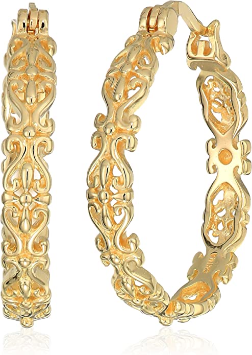 Amazon Collection 18k Yellow Gold Plated Sterling Silver Filigree Round Hoop Earrings