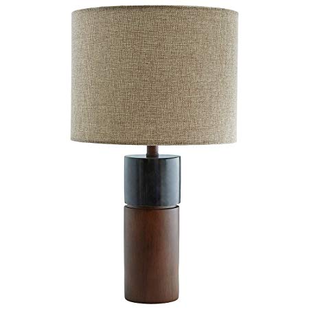 Rivet Mid-Century Walnut Wood and Black Marble Lamp With  Bulb, 18"H