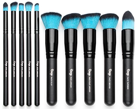 Makeup Brush Sets, Qivange Vegan Eye Shadow Blush Flat Foundation Kabuki Blending Brushes 10 PCS (Black with Blue)