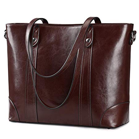 S-ZONE 15.6 Inch Leather Laptop Bag for Women Shoulder Handbag Large Work Tote