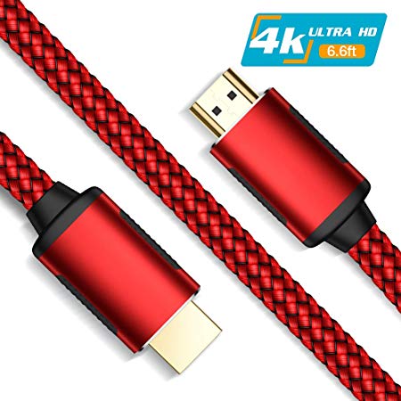 HDMI Cable, Fisiy 4K HDMI 2.0 High Speed 6.6FT Nylon Braided Cord Gold Plated Connectors - Video 4K Ultra HD 2160p, 18Gbps, 3D, ARC, Ethernet - Compatible with Xbox Playstation PS3 PS4 Apple TV - Red