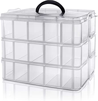 Kurtzy 3 Tier Clear Transparent Plastic Stackable Storage Box - Adjustable Compartment Slots - Maximum 30 Compartments - Container for Storing & Organizing Toys, Jewelry, Beads, Arts & Crafts, Tools