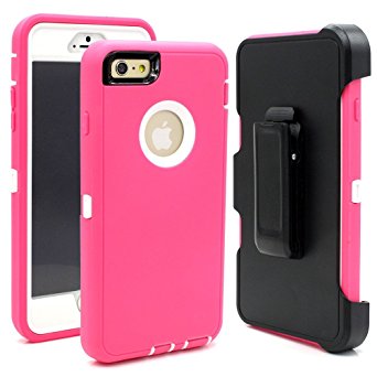 Hybrid Rubber Plastic Impact Defender Rugged Hard Case ,iPhone 6Plus /6S Plus 5.5 inch Protective Case, Screen Protector Built-in ,With Belt Clip Holster,Pink/White