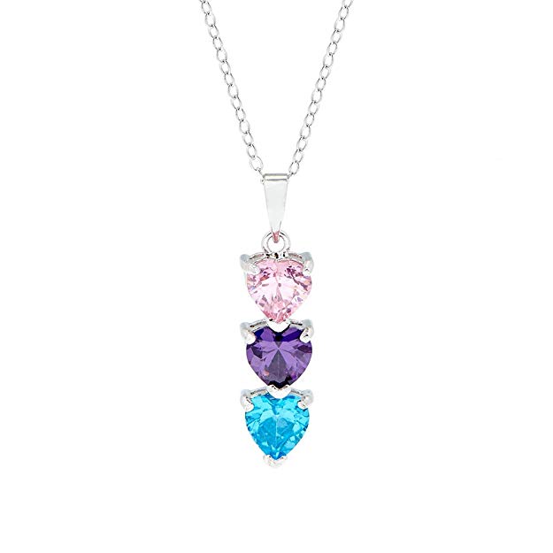 Sterling Silver 3 Stone Custom Simulated Birthstone Heart Drop Mother's Pendant (16" chain)