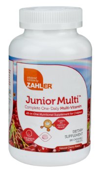 Zahler Junior Multi Chewable Multivitamin and Mineral Supplement for Kids Childrens Great Tasting Cherry Chewable Tablets All Natural Color and Flavor 180 Chewable Tablets