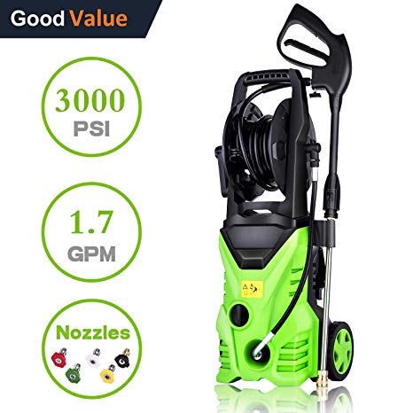 Homdox HX5083 3000PSI 1.80 GPM Electric Pressure Washer, 1800W Power Washer W/5 Quick-Connect Spray Tips Onboard Detergent Tank, Hose Reel