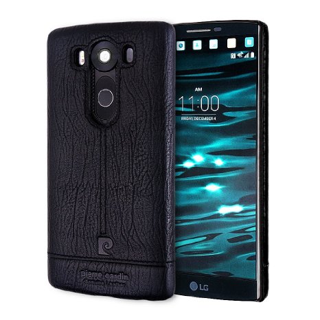 LG V10 Case, Pierre Cardin Premium Genuine Italian Cowhide Leather Handcrafted Case Slim Back Cover for LG v10 5.7 Inches Black