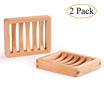 MelonBoat 2 Pack Wood Shower Soap Dish Set, Wooden Soap Saver Holder, Natural Color, Rectangle Concave