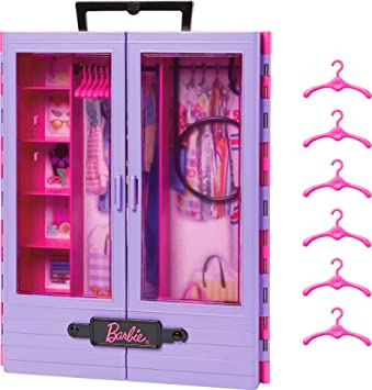 Barbie Closet, Kids Toys, Fashion Playset, Barbie Fashionistas Accessory, 6 Hangers, Translucent Doors, Storage Spaces, Fold-Out Rack