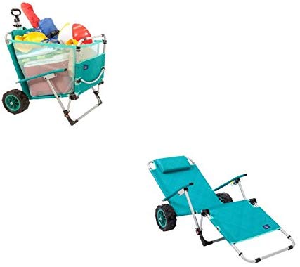 Mac Sports 2-in-1 Beach Folding Lounge Chair Cargo Cart for Tanning Outdoors Sunbathing | Sun Chair, Tanning Chair, Portable, Lightweight, Lounger for Patio, Collapsible with All-Terrain Wheels | Teal