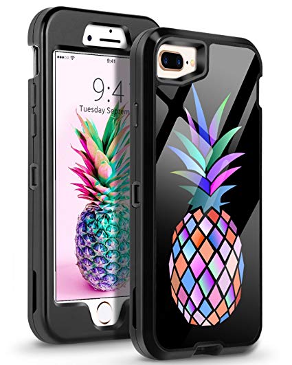 YINLAI iPhone 8 Plus Case, iPhone 7 Plus Case Hybrid Soft TPU Rubber Bumper Hard PC Cover with Cute Colorful Pineapple Pattern Shockproof Protective Phone Cases for Girls Women iPhone 7/8 Plus Black