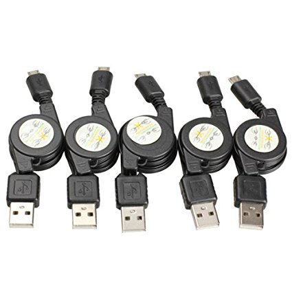 Vktech Micro USB to USB Retractable Sync Charger Cable Pack of 5