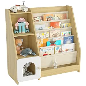 Montessori Kids Bookshelf with Storage, 5 Sling Bookcase, 4 Tier Display Shelf, Wooden Baby Bookshelves and Toy Organizer Cabinet, Floor Toddler Book Rack Nursery Bedroom Library, Natural