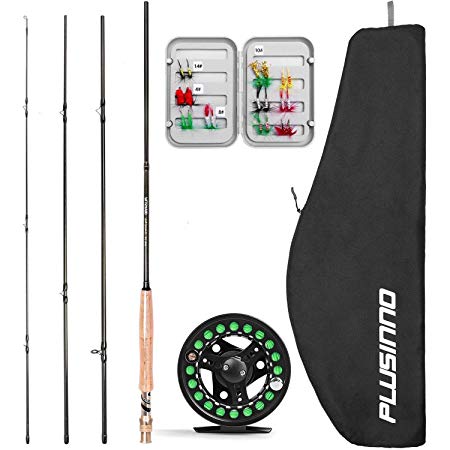 PLUSINNO Fly Fishing Rod and Reel Combo, 4 Piece Lightweight Ultra-Portable Graphite Fly Rod 5/6 9’ Complete Starter Package with Carrier Bag