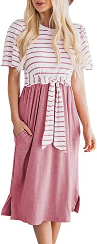MEROKEETY Women's Summer Striped Ruffle Sleeves Tie Waist Pockets Casual Swing Midi Dress