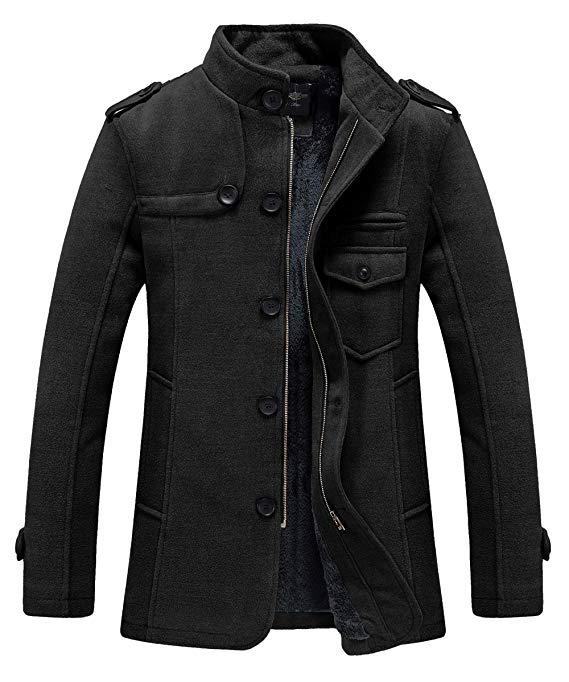 RongYue Men's Winter Pea Coat Wool Blend Single Breasted Military Peacoat Jacket