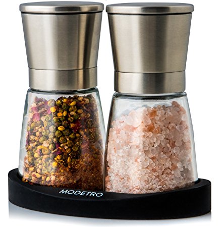 Salt and Pepper Grinder Set with Silicon Stand - Premium Pair of Salt & Peppercorn Mills with Adjustable Ceramic Coarseness - Brushed Stainless Steel and Glass Body Shakers