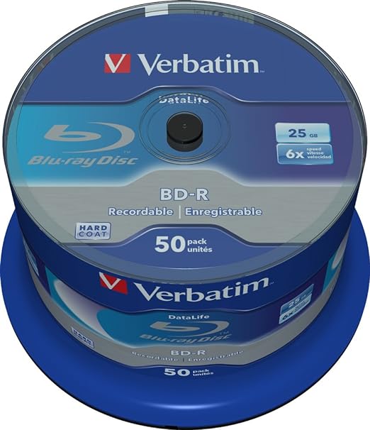 Verbatim 43838 Recordable Datalife Bluray 25GB BD-R Disc (Pack of 50 Spindle)
