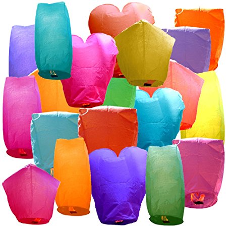 Just Artifacts 20 Eco Wire-free Assorted Chinese Flying Sky Lanterns (20-Pack, Assorted Shapes & Colors) - 100% Biodegradable, Environmentally Friendly!