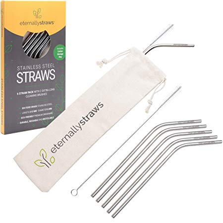 6 Reusable Metal Drinking Straws | Stainless Steel | UK Food-Safe Test Report | 2 Long Cleaning Brushes | Carry Bag | Plastic Free Packaging | Stylish Eco Gift | Eternally Yours, Eternally Straws™
