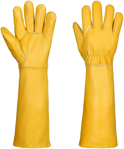 Gardening Gloves for Women/Men- Alomidds Rose Pruning Thorn & Cut Proof Elbow Length Durable Cowhide Leather Garden Work Gloves for Pruning Cacti Rose and Thorny Bushes (Large, Yellow)