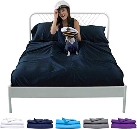 Sheets & Giggles Eucalyptus Lyocell Sheet Set. Compared with Cotton, Our Sheets are Softer, More Breathable, More Cooling, and Sustainable Too- No Sheet. Hypoallergenic, Deep Pockets. Queen Navy
