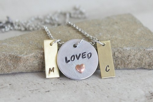 Initial necklace 3 piece with copper heart rivet charm in mixed metals