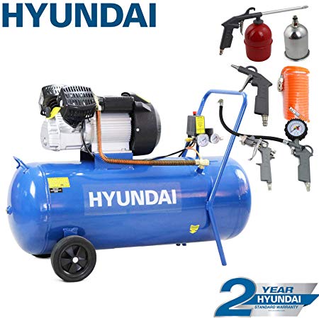 Hyundai HY30100V 3hp V-Twin Direct Drive Electric Air Compressor 14cfm, 100 Litre Steel Tank, Blue, Includes 5 Piece Air Tool Kit