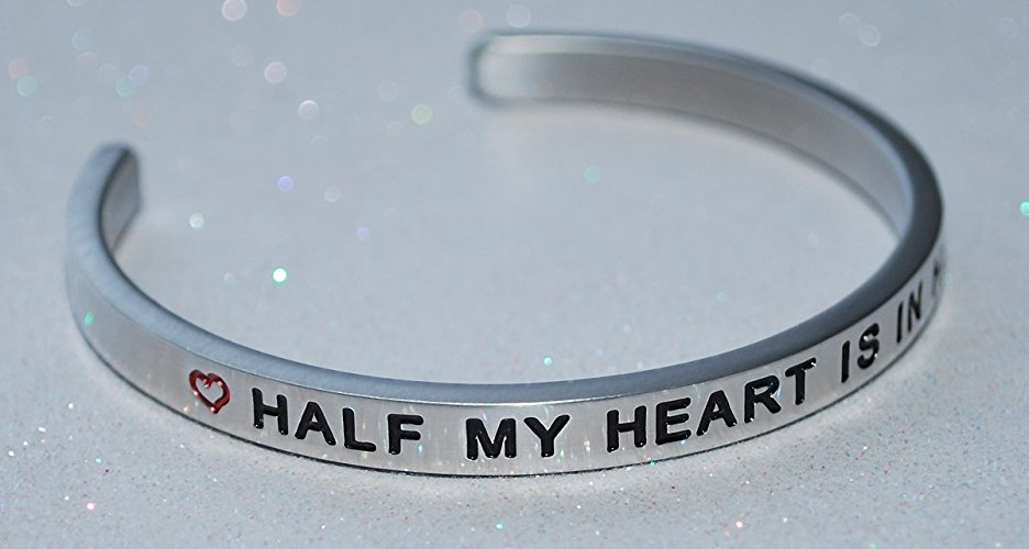 Half My Heart Is In Heaven with Hearts / Engraved, Hand Made and Polished Bracelet with Free Satin Gift Bag