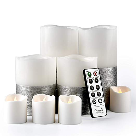 Furora LIGHTING LED Flameless Candles with Remote Control, Set of 8, Real Wax Battery Operated Pillars and Votives LED Candles with Flickering Flame and Timer Featured - Silver Trim