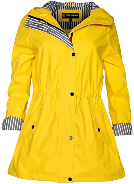 Urban Republic Women’s Lightweight Hooded Raincoat Jacket with Cinched Waist