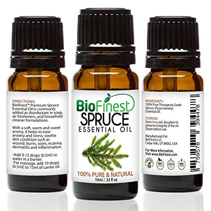 Biofinest Spruce Essential Oil - 100% Pure Organic Therapeutic Grade - Best for Aromatherapy, Skin and Hair Care, Ease Sleep Stress Bad Mood Fatigue Muscle Joint Pain Arthritis - Free E-Book (10ml)