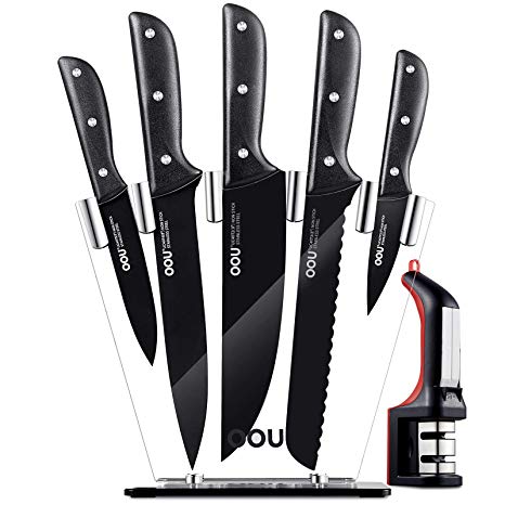OOU Knife Set, 7 Piece Kitchen Knives Set, High Carbon Stainless Steel Full Tang, Professional Chef Knives, FDA Certified BO Oxidation for Anti-rusting, Ultra Sharp Premium Edge, Black Chef Series