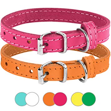 BronzeDog Leather Cat Collar Pack of 2 PCS, Pet Collars for Kitten Puppy Small Dogs Cats Yellow Green Pink Orange White Turquoise