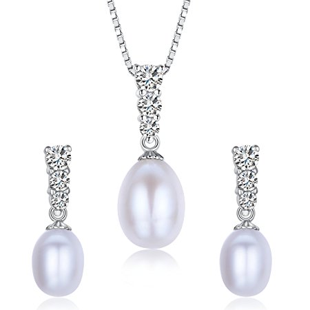 Water Drop Pearl Stud Earrings & Silver Chain Pendant Set| Impeccable Quality Natural, Flawless Freshwater Pearl & 925 Sterling Silver| The Most Unique Fashion Jewelry Set (1 | White Pearls)