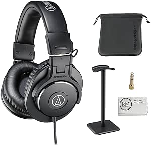 Audio-Technica ATH-M30x Professional Monitor Headphones | Black Bundled with Over The Ear Headphones Stand   Cleaning Cloth (3 Items)