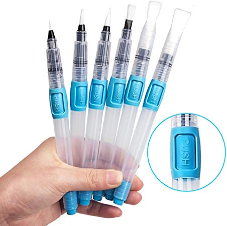 A Selected 6 Pieces Water Reservoir Brush Pen Set - Aqua Brush Pens with Water Reservoir Assorted Tips Size for Watercolour Ink Wash Painting