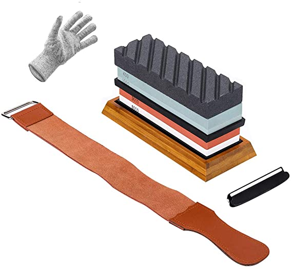 Knife Sharpening Stone Kit（Whetstone）: 3000/8000 2 Sided Grit Knife Sharpener Stone and 400/1000 Grit Wet Stone Set， Flattening Stone， Angle Guide，Leather Strop and Gloves