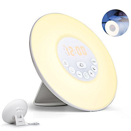 GoLine Wake Up Light Alarm Clock, Sunrise Sunset Simulation, 10 Brightness, 7 Smooth Colors Light, 5 Nature Sounds Bedside Lamp, Stereo FM Radio, Touch Control, AC or Battery Powered.(AC001)