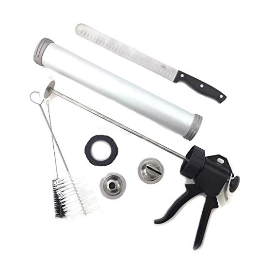 Jerky Gun - Pro Model by Jerky.com - Jerky Making Kit with 1.5 lb. Barrel, Interchangeable Stainless Steel Tips, Dual Cleaning Brushes and 10" Meat Slicing Knife - Make Jerky at Home Kit