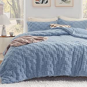 Bedsure Fluffy Queen Comforter Set, Ashley Blue Sherpa Fleece Bedding Comforter Set, Checkered Farmhouse Boho Soft Warm Bed Set for Winter, 3 Pieces, 1 Comforter (90"x90") and 2 Pillowcases (20"x26")