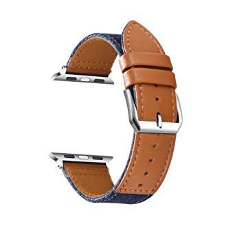 Henoda Compatible Apple Watch Bands 42mm/44mm Genuine Leather with Denim Fabric Band Strap Replacement for iWatch Series 4 44mm Series 3/2/1 42mm Sport Edition, Brown