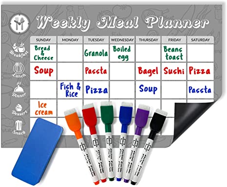 Magnetic Weekly Meal Planner for Refrigerator - 11"X17" - Dry Erase White Board Diet Planner - Includes 6 Whiteboard Colored Quality Markers & Eraser - Family Weekly Menu Organizer for Kitchen Décor
