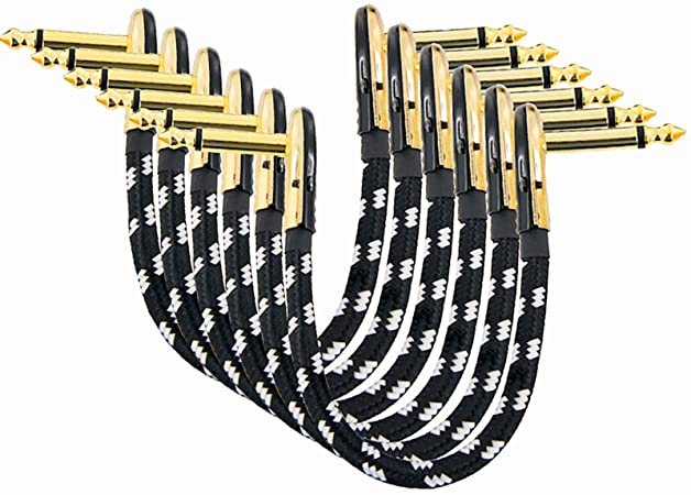 MIMIDI Flat Guitar Pedal Cable - 8.3 Inch Tweed Low Profile Guitar Patch Cables, TS 1/4 Inch Pancake Pedal Patch Cables Connectors, Noiseless PedalBoard Cable (6-Pack Flat Blackwhite)