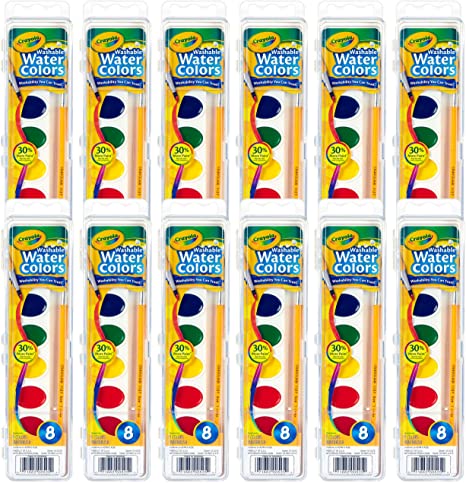 Crayola Washable Watercolors in 8 Vibrant Colors, 12 Paint Sets for Kids, Classroom Supplies, Styles Vary