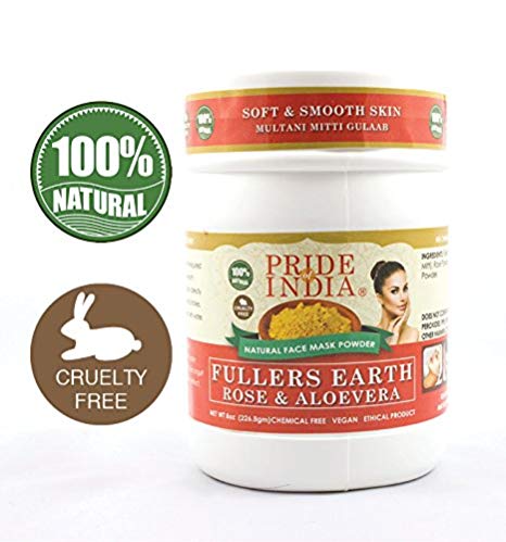 Pride Of India - Fuller's Earth Deep Cleansing Clay Powder, Half Pound, 100% Natural (Rose & Aloevera)