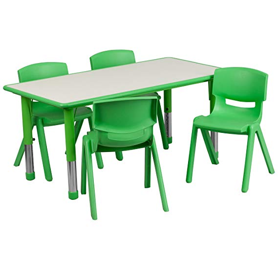 Flash Furniture 23.625''W x 47.25''L Rectangular Green Plastic Height Adjustable Activity Table Set with 4 Chairs