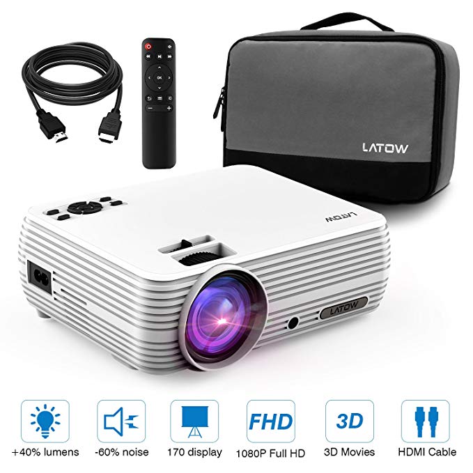 Mini Projector, LATOW 2200 Lumens Home Video LCD Projector Supports 170 Inch Display Full HD 1080P with Carry Bag and Remote Control, Compatible for Fire TV Stick, Laptop, PC, TV, DVD, Movie and Games- White
