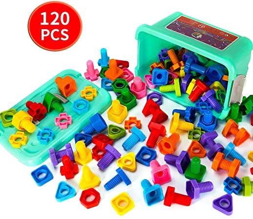 WELINK 120 PCS Jumbo Nuts and Bolts Set with Storage Box 4 Shapes 9 Colors Matching Sorting Game Toy for Kids Toddlers Infants Age 1 2 3 Occupational Therapy Tool Promotes Fine Motor Skills