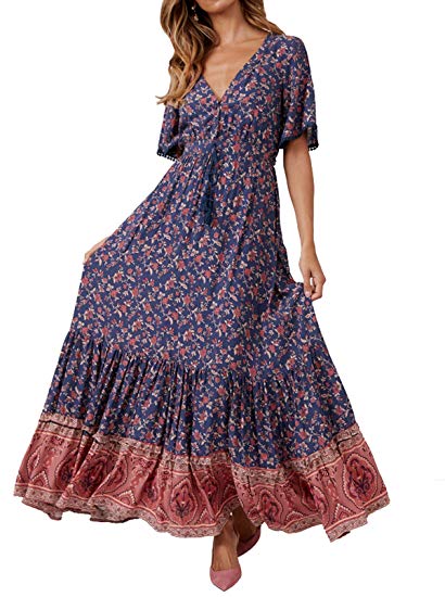 R.Vivimos Womens Summer Cotton Short Sleeve V Neck Floral Print Casual Bohemian Midi Dresses